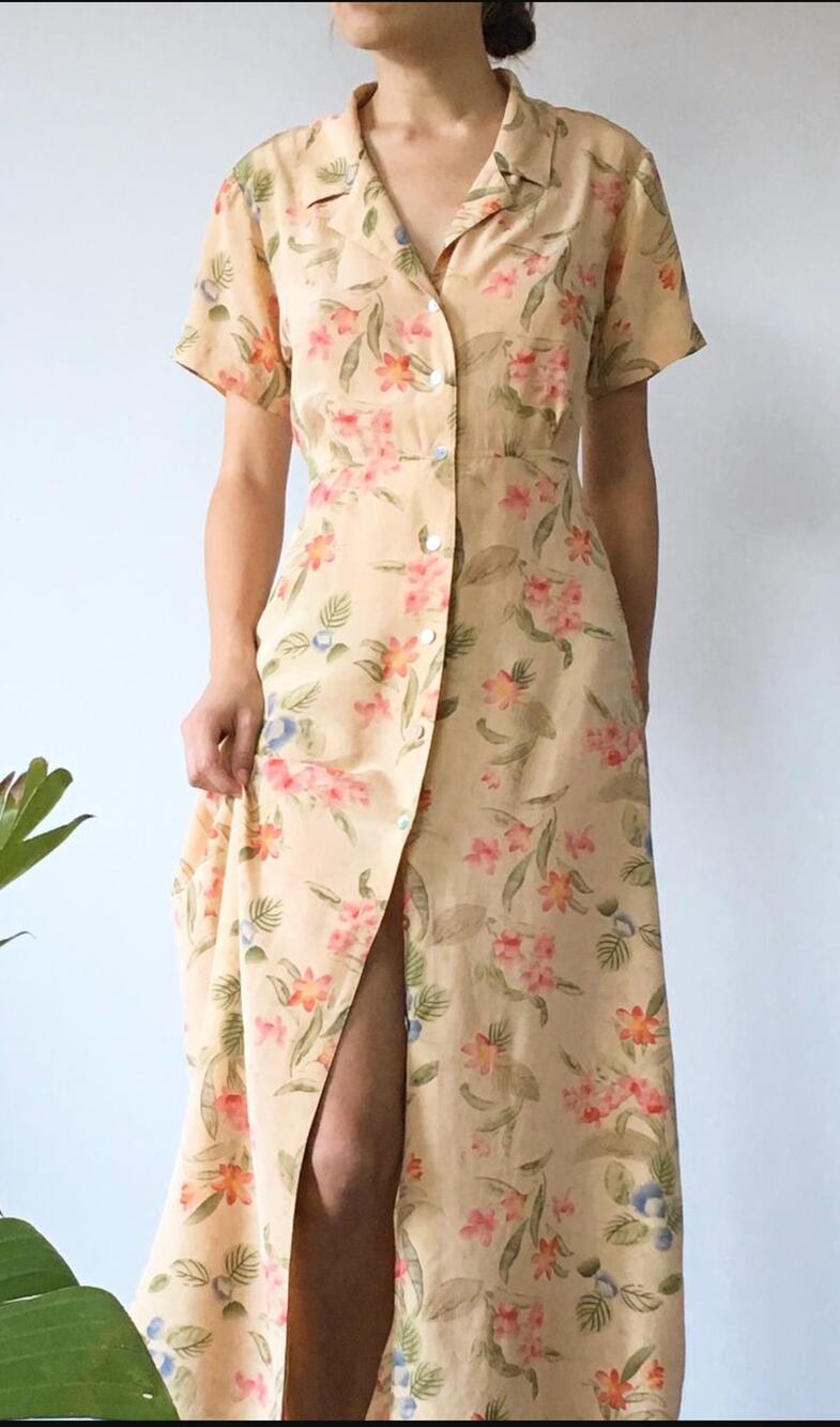 The Territory Ahead Silk Floral Midi Shirt Dress Peach Small Romantic Cottage